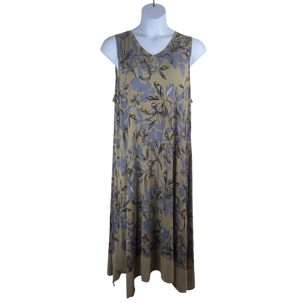 LOGO Lori Goldstein 2X Floral Rayon Chiffon Sharkbite Hem Dress Olive Green